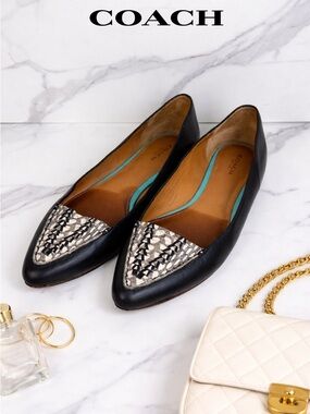 Coach Black Leather Pointed Toe Flats Snakeskin Cap Toe Shoes Women Size 9B